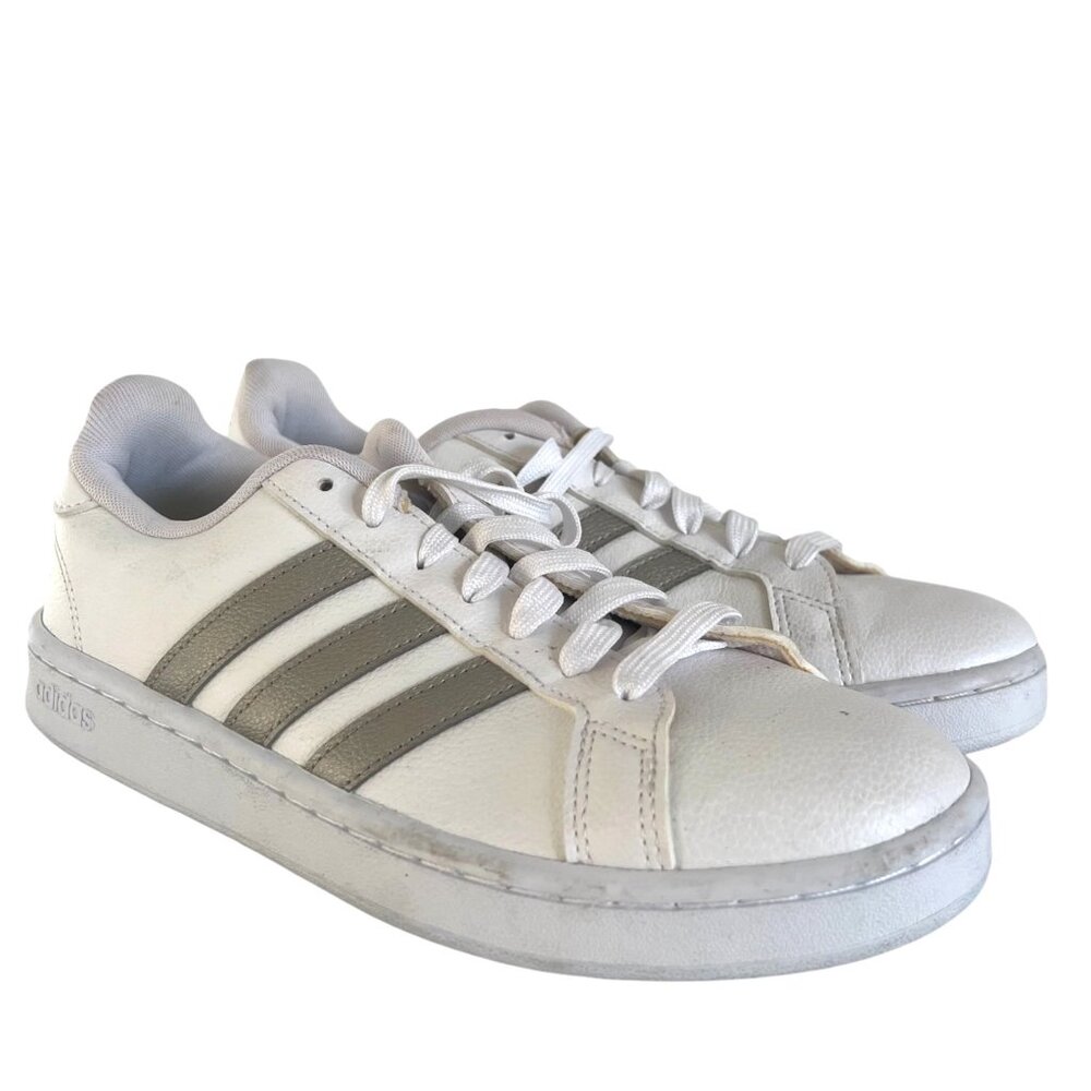 Adidas Grand Court Sneaker 9 White and Silver Platinum Metallic 3 Stripes F36485